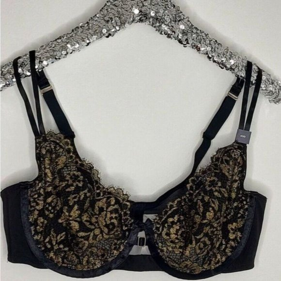 Cacique Other - Cacique Bra 40D Black Gold Lace Unlined Balconette Underwire Sexy